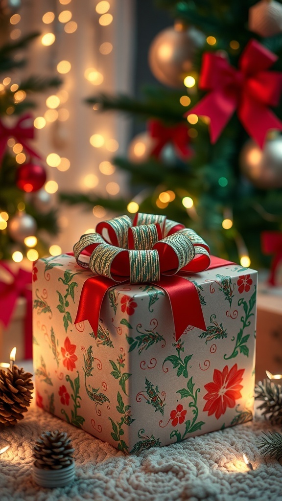 A wrapped Christmas gift with a bow on a festive table.